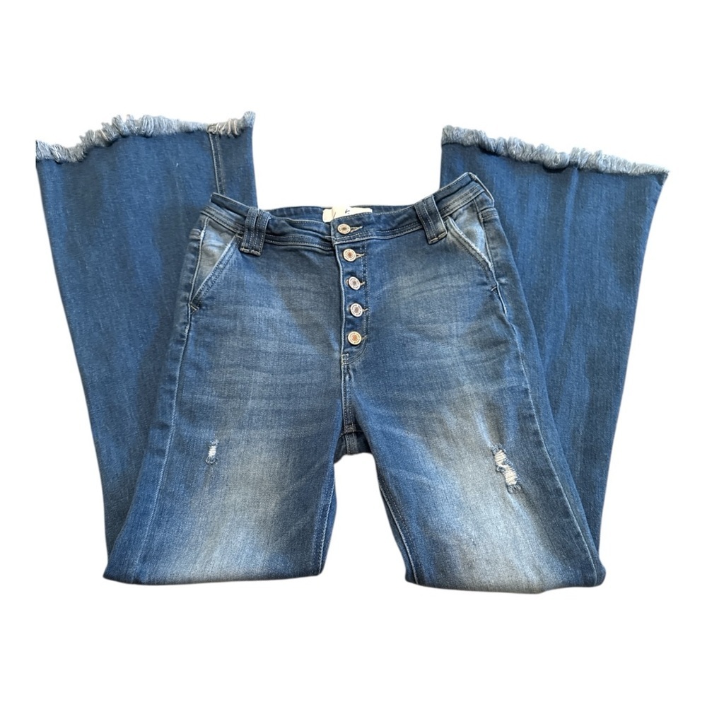 KanCan High Rise Flare Jeans 9 28 Distressed Raw Hem Button Fly Y2K Retro Boho - Picture 2 of 10